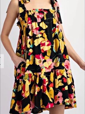 Black Floral Tie-Shoulder Sundress with Yellow and Pink Blooms